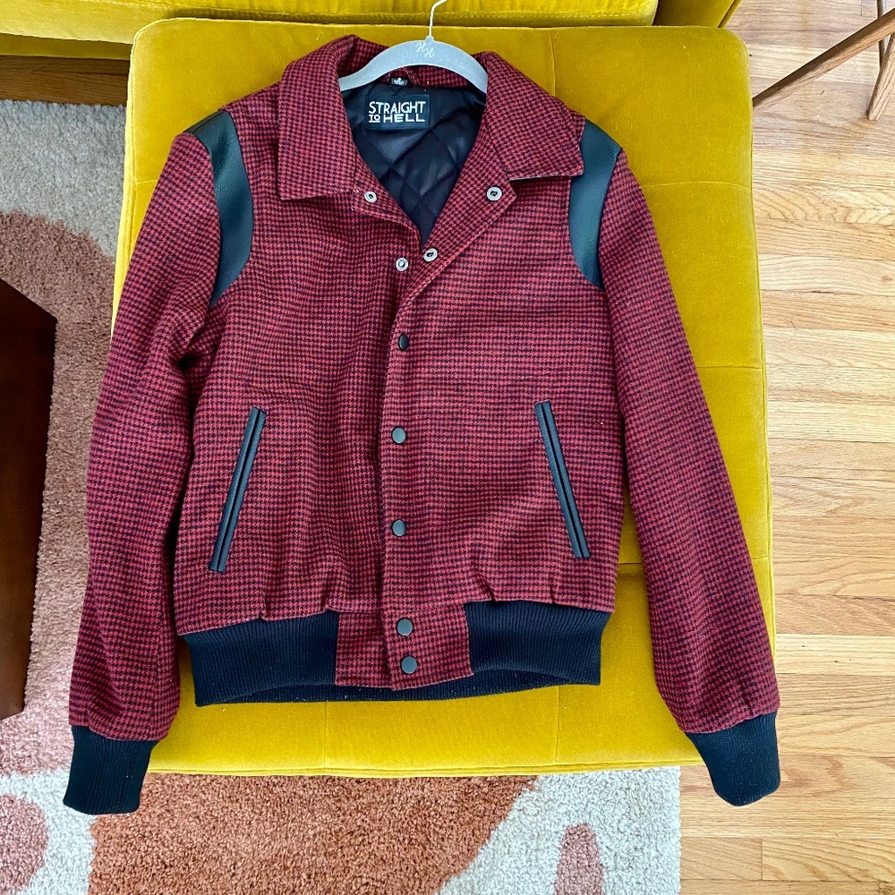 Straight to Hell - Red Houndstooth Bomber Jacket Size Small